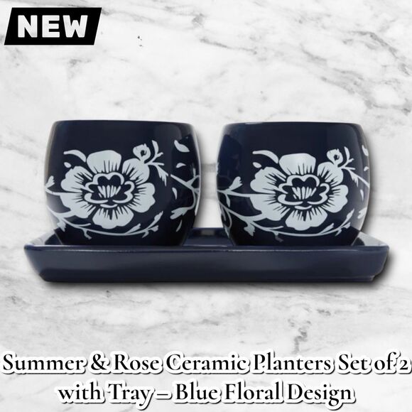 summer & rose Other - NEW Summer & Rose Ceramic Planters Set of 2 with Tray – Blue Floral Design